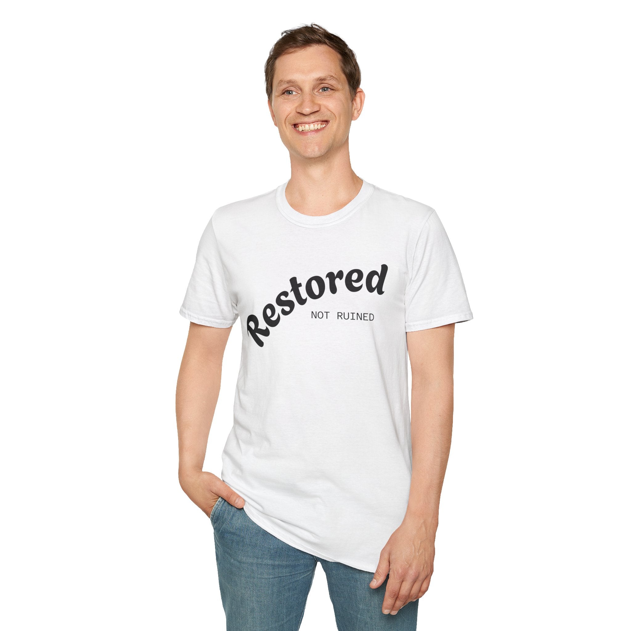 Restored Not Ruined T-Shirt — Inspirational Vintage Script Tee