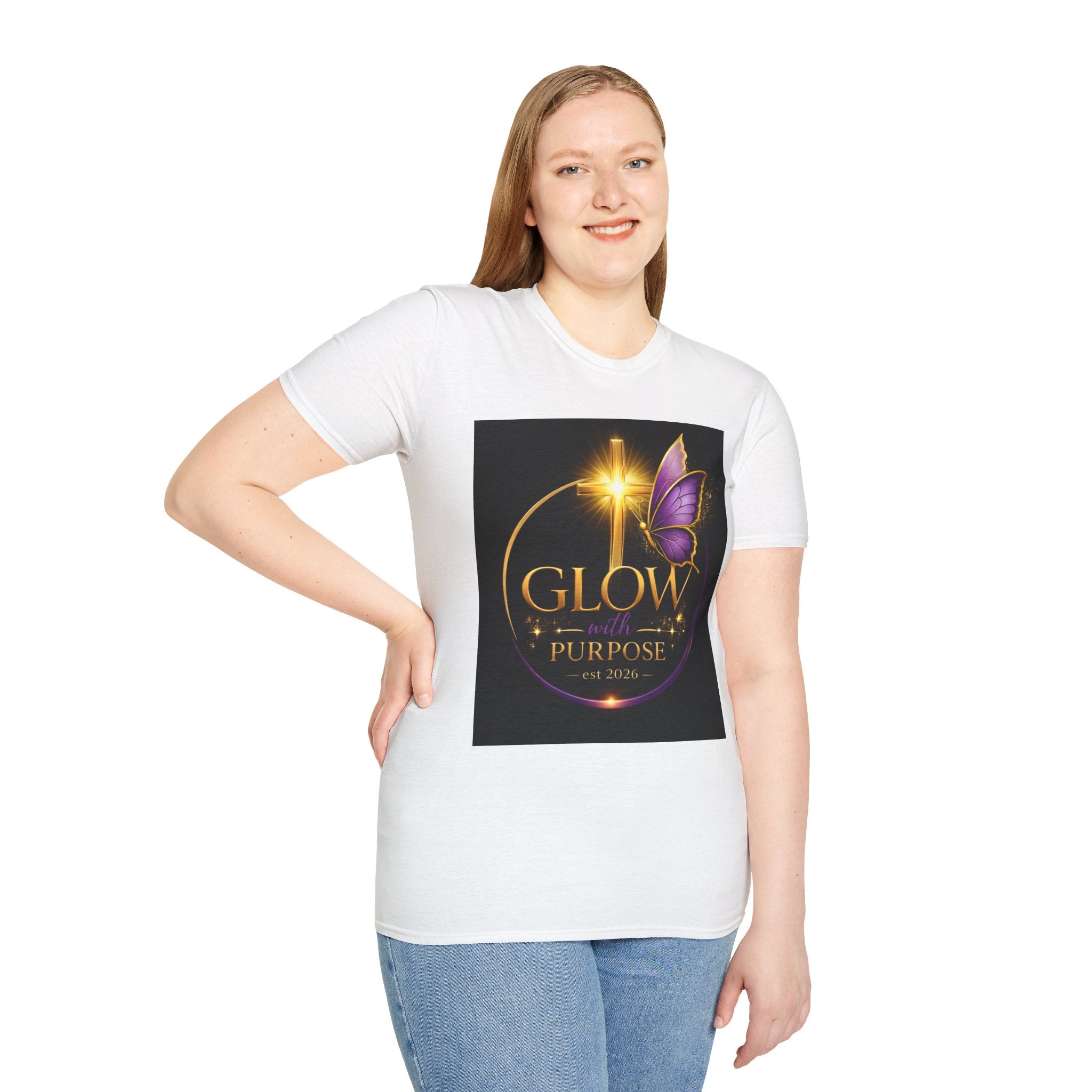 Glow with Purpose T-Shirt — Inspirational Butterfly Cross Graphic