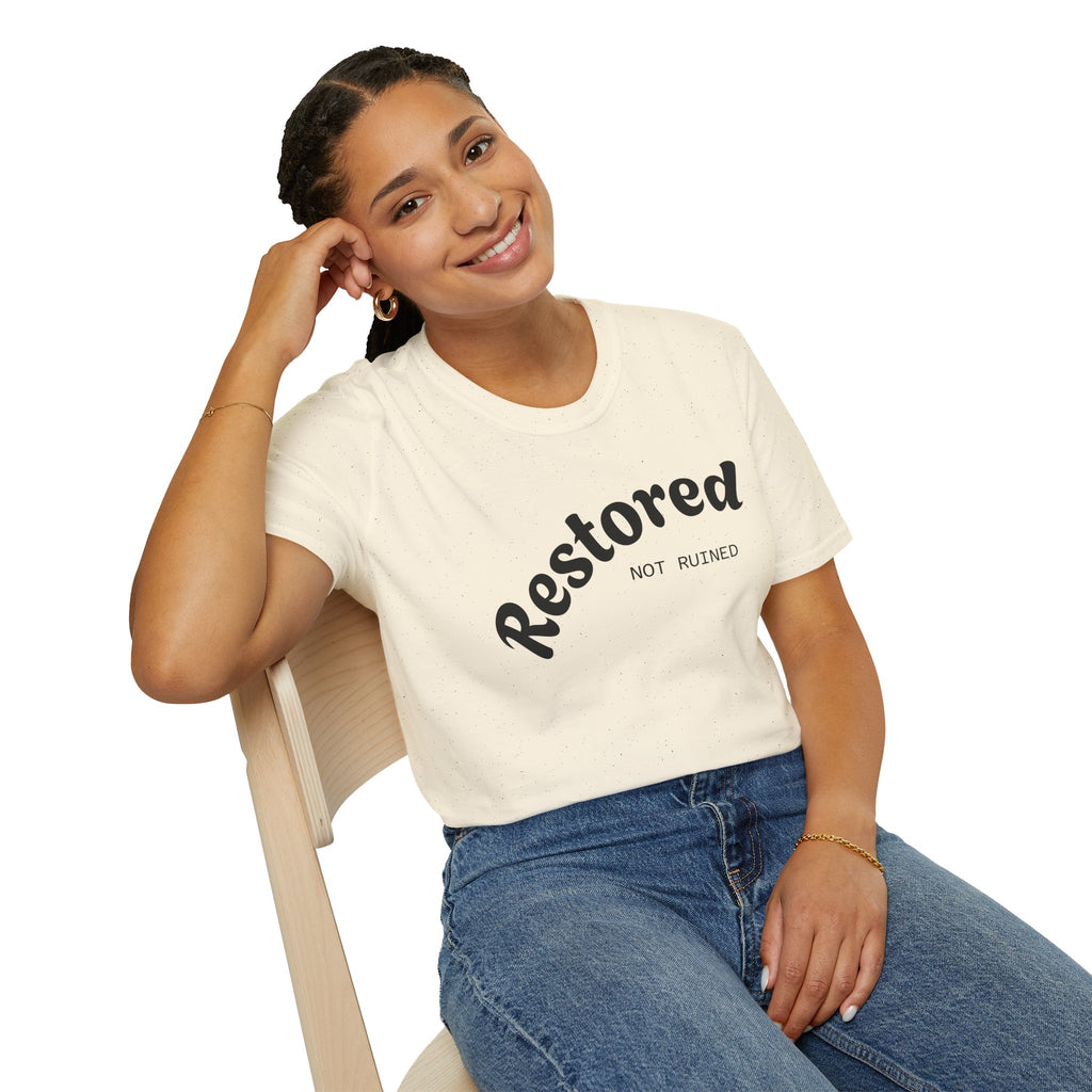 Restored Not Ruined T-Shirt — Inspirational Vintage Script Tee