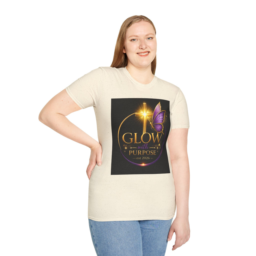 Glow with Purpose T-Shirt — Inspirational Butterfly Cross Graphic