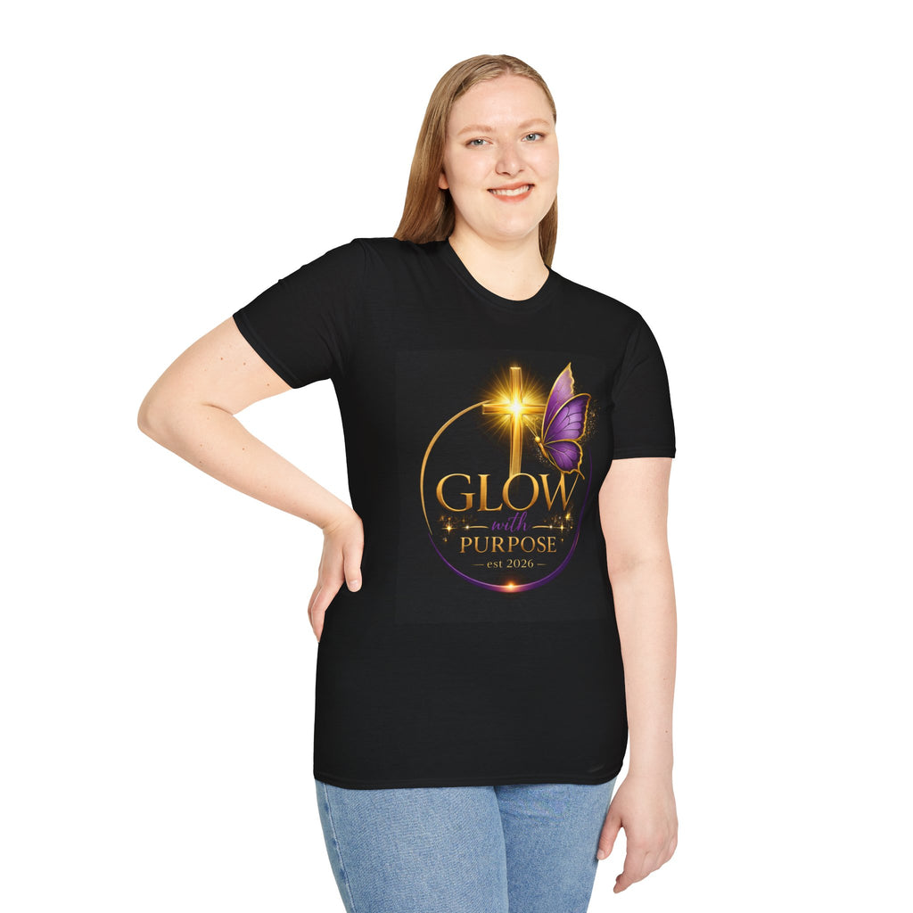 Glow with Purpose T-Shirt — Inspirational Butterfly Cross Graphic